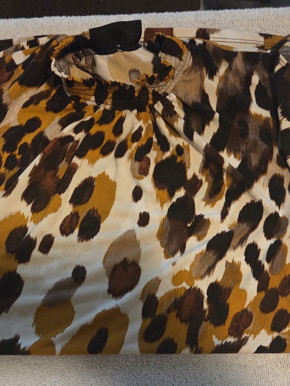Smocked Neck Animal Print Blouse in Mustard & Brown